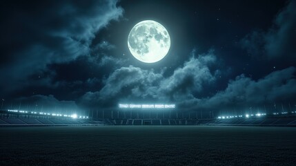 Nighttime Stadium Spectacle: Illuminated stadium bathed in the ethereal glow of a full moon, creating a dramatic scene. The vibrant light accents the architecture against the backdrop of a dark sky.