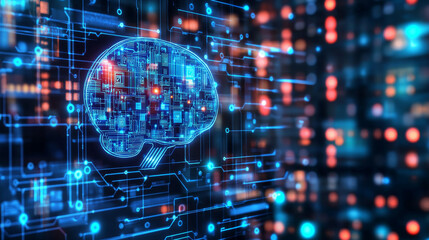 Circuit board. Abstract technology background with text. Tech bg in electric blue. Big data and AI chip concept.  Digital banner in navy blue. Futuristic computer pattern. Vector illustration top view