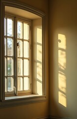 Sunlight through vintage window creates shadow on yellow wall. Retro interior design with wooden frame, sill. Sunny light in empty room. Interior scene of home with old style decor elements.