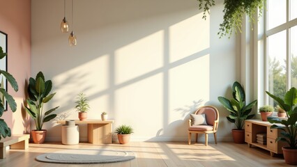 Bright room showcases eco chic interior for creative kids, featuring plants, natural light, modern furniture. Concept highlights comfort, creativity, inspiration for young minds.
