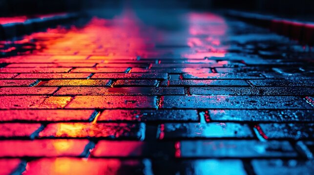 Reflective night walk on wet cobblestones urban street photography rainy environment low angle serenity