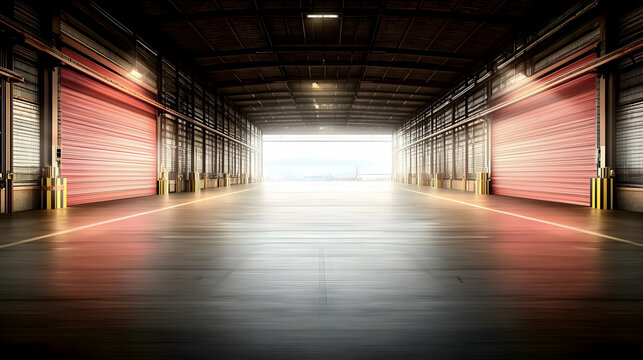 An expansive warehouse interior with open door illuminated by daylight
