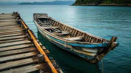 Obraz premium Old wooden boat moored at a rustic pier on calm sea.
