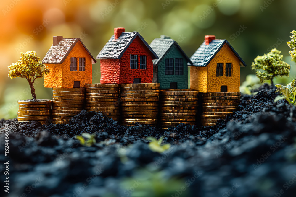 Poster row of houses with a pile of coins in front of them. the houses are of different colors and sizes