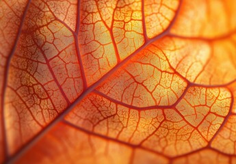Obraz premium Close-up View of Vibrant Orange Leaf with Intricate Veins Showcasing Nature's Beauty and Seasonal Change in Autumn