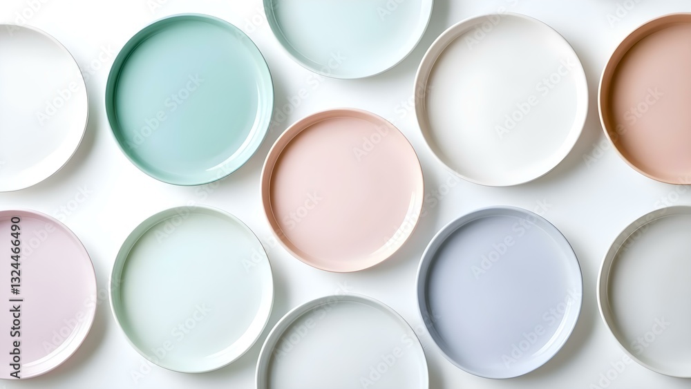 Poster a collection of round plates in various pastel colors arranged in a visually appealing pattern. conc