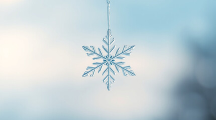 Hanging Snowflake Crystal with Soft Pastel Blue Bokeh Background