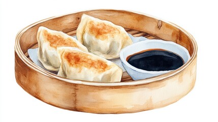 Steaming Basket of Chinese Dumplings with Soy Sauce Dip