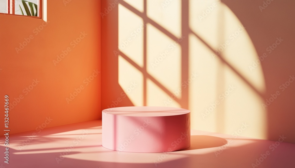 Poster abstract room with geometric forms and realistic cylinder stand podium featuring window shadow overl