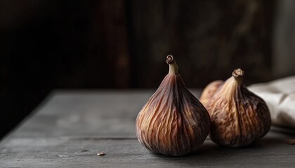 Obraz premium Delicious Dried Figs Displayed On A Rustic Grey Wooden Table, Creating A Natural And Inviting Setting For A Healthy Snack.