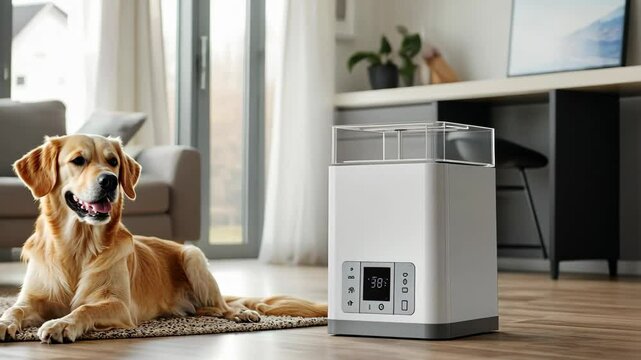 Smart Pet Feeder with Portion Control. Golden Retriever with Innovative Automatic Feeder Powered by Artificial Intelligence. Latest Technology for Modern Pet Care
