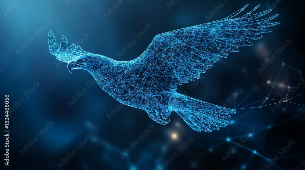 Poster eagle in flight from abstract polygonal points blue. low poly eagle in motion, lines and connected t