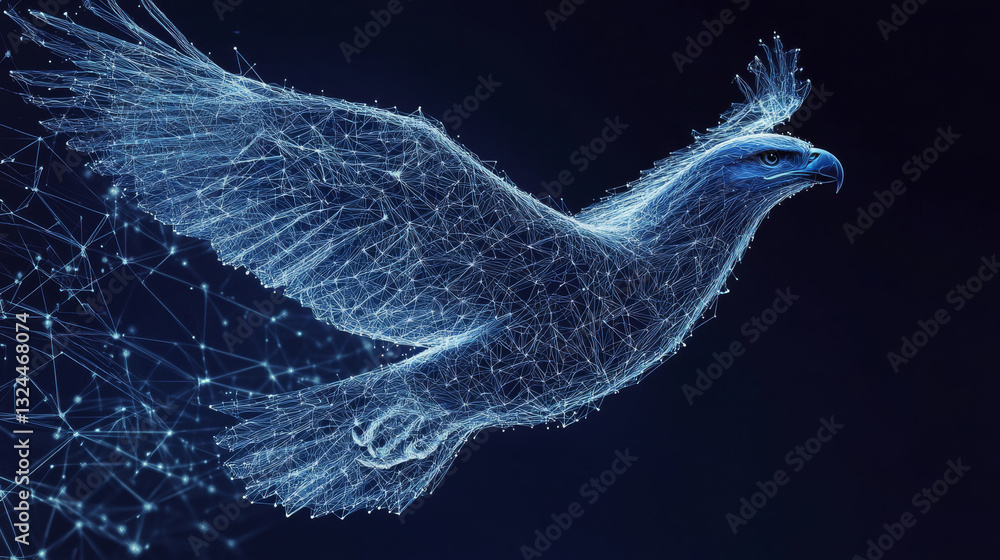 Poster eagle in flight from abstract polygonal points blue. low poly eagle in motion, lines and connected t