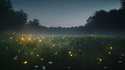 Illuminated meadow filled with fireflies on a peaceful summer night under a starry sky