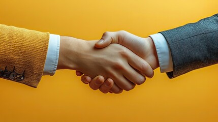Business agreement, partnership, and real estate deal are represented by a close up of handshake between two people against a yellow background.