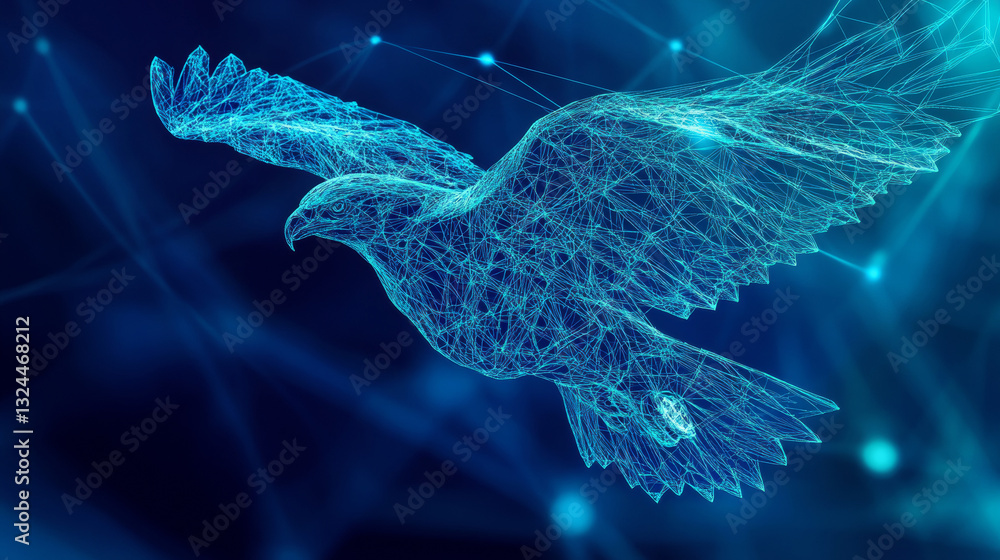 Poster eagle in flight from abstract polygonal points blue. low poly eagle in motion, lines and connected t