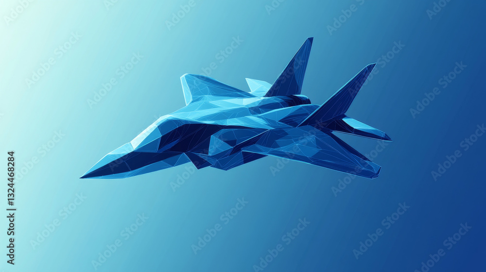 Poster fighter jet in flight from abstract polygonal points blue. low poly fighter in motion, lines and con