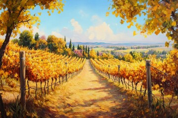 Obraz premium Beautiful vineyard scenery with golden autumn leaves in a serene landscape