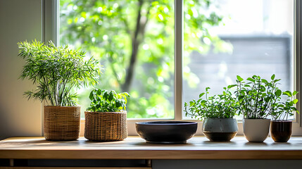 Green Plants In Decorative Pots On A Wooden Surface Near A Window With Bright Natural Daylight And Outdoor Background