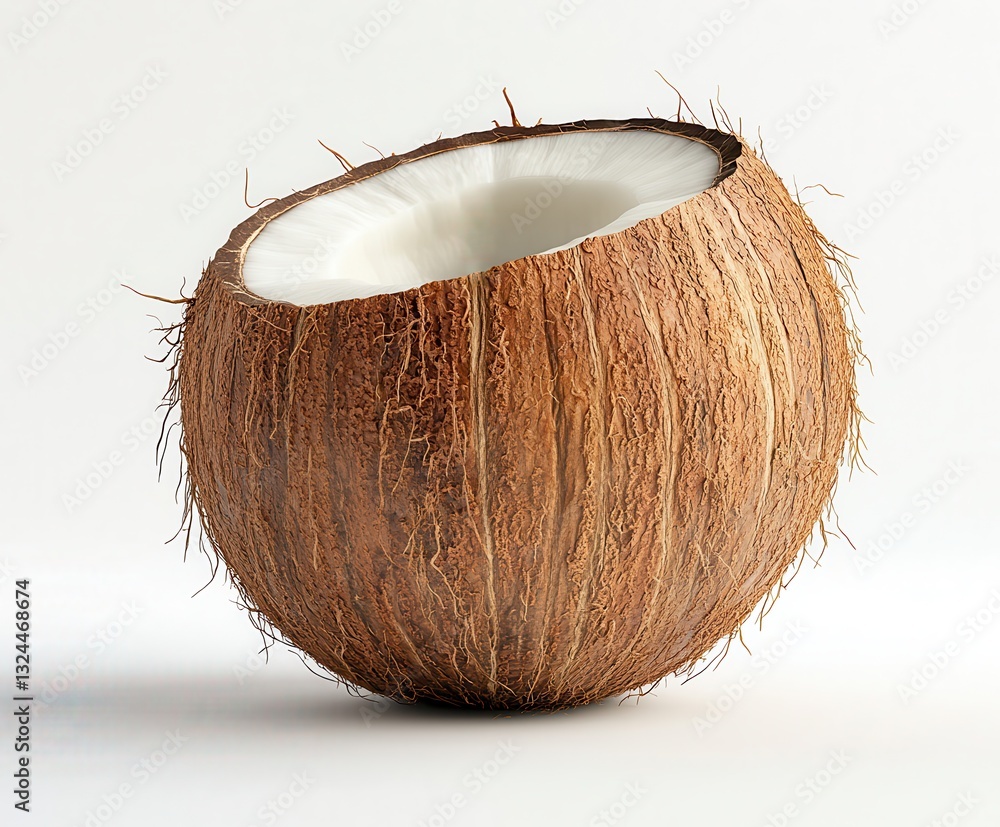 Aufkleber coconut half shell on light background with visible texture and fresh water visuals for culinary and