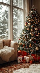 Christmas tree with gifts and decorations near a window.