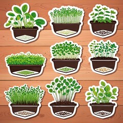 Fototapeta premium Variety of plants illustrated in pots showcasing different types of seedlings on a wooden background