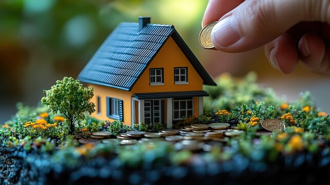 Carefully, a hand places coins beside a small model house, representing real estate investment, mortgage payments, and homeownership's financial aspects.