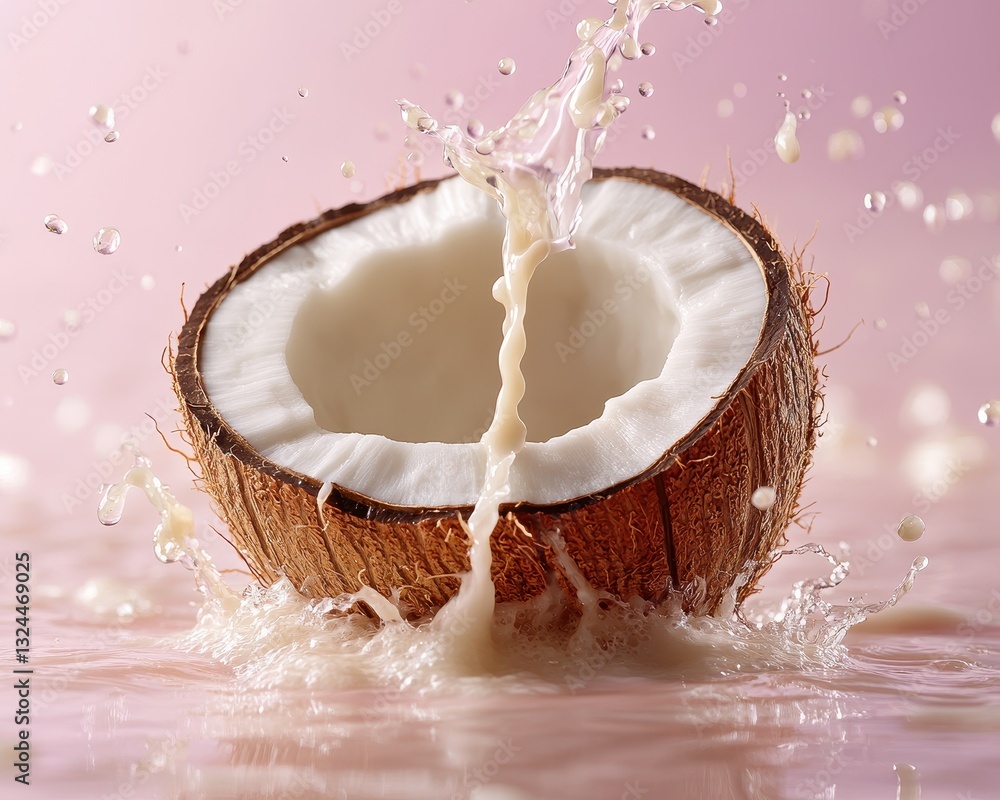 Poster coconut half splashes milk against a soft pink background creating a fresh and invigorating culinary