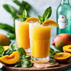 Delicious mango basil smoothie served in glasses garnished with fresh basil and peach slices
