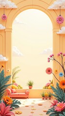 Naklejka premium Bright and cheerful interior featuring vibrant flowers, greenery, and cozy couch, embodying joy junction. Concept showcases harmonious design with joy junction theme
