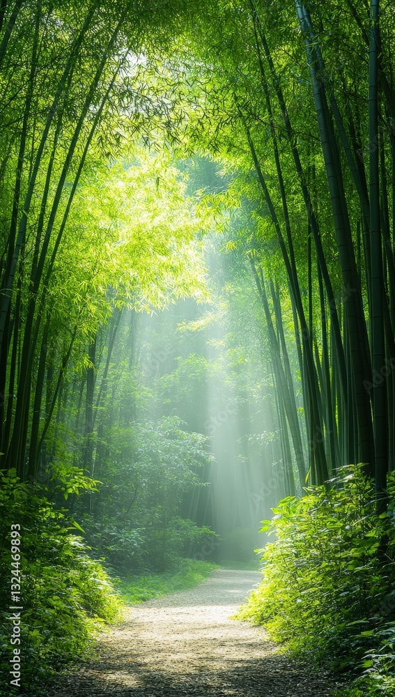Poster a serene bamboo forest path illuminated by soft sunlight, creating a tranquil and lush green atmosph
