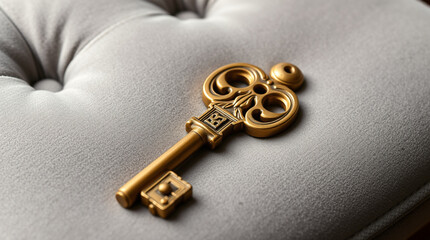 A shiny golden key resting on a soft grey cushion  – Generative AI