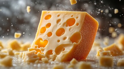 Cheese pieces of different sizes, with holes, float against a minimalist white background, creating a striking, dynamic composition highlighting texture and color.