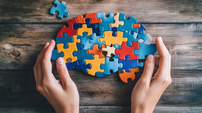 Concept of mindfulness and brain health with puzzle pieces on wooden table