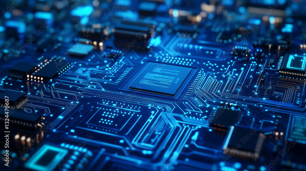 Poster abstract digital circuit board in blue. cyber background. futuristic microchip processor concept. ar