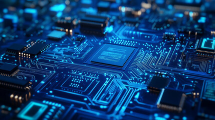 Abstract digital circuit board in blue. Cyber background. Futuristic microchip processor concept. Artificial intelligence web banner. 3D illustration blue technology vector illustration.