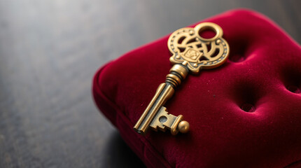 A shiny golden key resting on a soft red cushion  &ndash; Generative AI