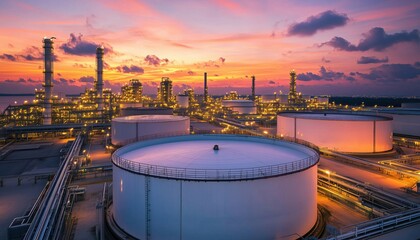 Naklejka premium White Oil Tank Storage For Petrochemical Products At Oil Terminal In Deep Seaport For International Orders. Petroleum Refinery Product.