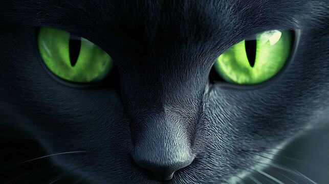 Realistic close-up animation of a domestic short-haired cat with sleek fur and piercing green eyes, curiously watching a dangling toy 