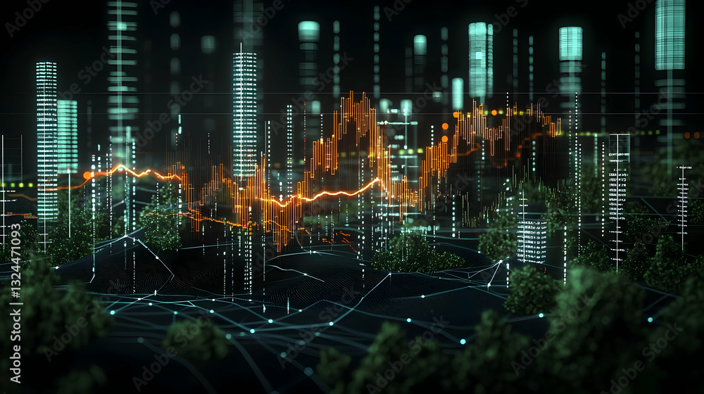 Poster 3d rendered visualization of a futuristic cityscape at night with orange and green data flowing thro