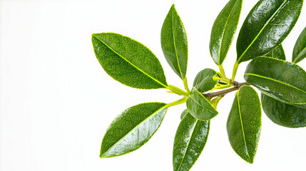 Fototapeta premium Close Up Of Fresh Green Leaves With White Spots On Branch Against White Background