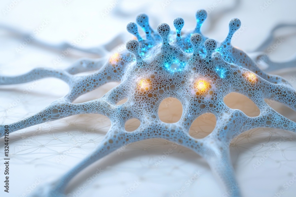 Poster a highly detailed futuristic neural structure with glowing blue and orange nodes, symbolizing artifi