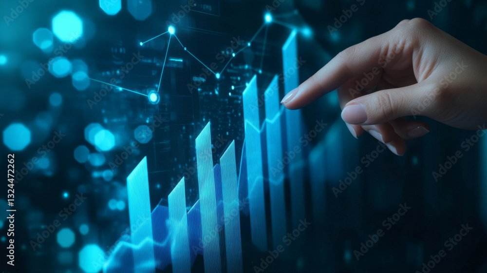 Aufkleber abstract growth graph chart. digital hand pointing arrow up and histogram bar. column chart. success