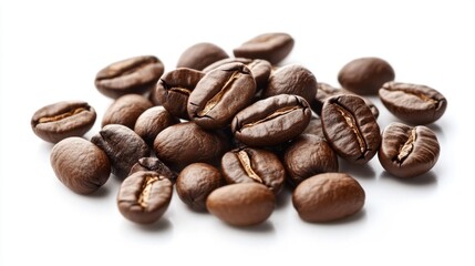 Naklejka premium Pile of freshly roasted coffee beans on white background perfect for cafe decor or food packaging design