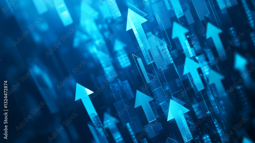 Aufkleber abstract digital growing arrows up graph chart on technological blue low poly wireframe background. 