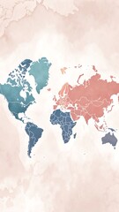 Obraz premium Colorful World Map Art Print: Stylized Watercolor Continents in Blue and Red - Perfect Home Decor for Travel Enthusiasts..