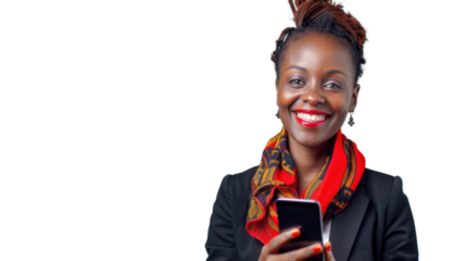 Smiling businesswoman using smartphone with transparent background