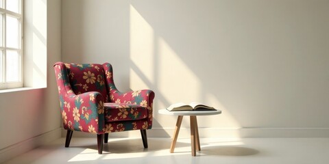 Relaxing armchair with floral upholstery and a side table next to a window, bathed in sunlight
