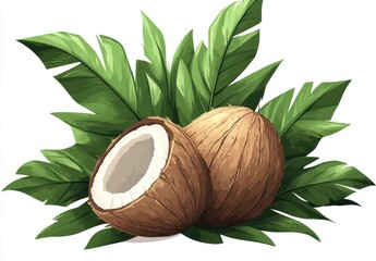 Coconuts Surrounded by Lush Green Leaves in a Vibrant Tropical Setting Capturing the Essence of Nature and Freshness
