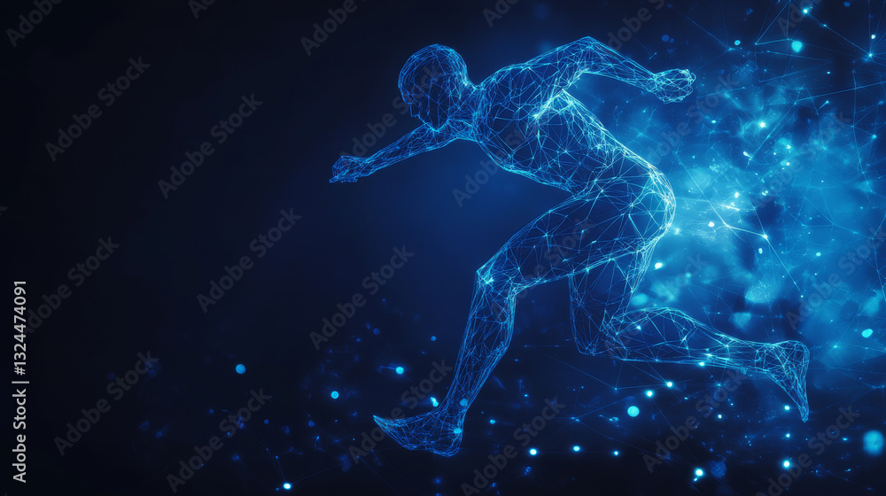 Poster running man from abstract polygonal blue. low poly man in motion